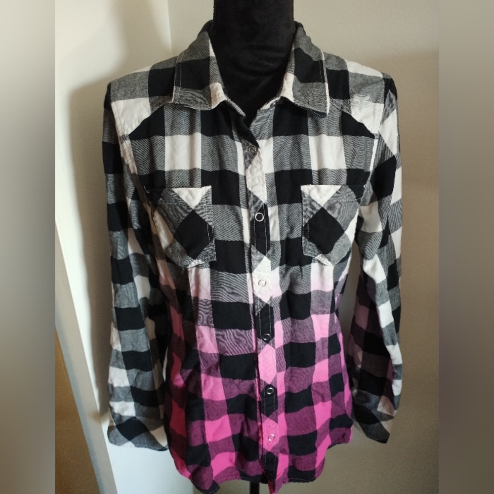 Fox Women's Checkered Button Down Shirt - Black, White, Pink